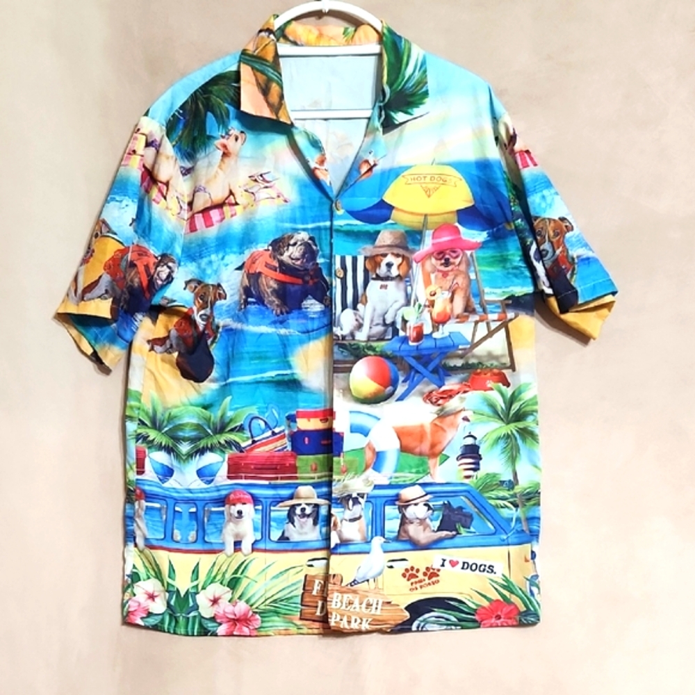 DOGS shirts men Large Hawaiian blue green yellow button down short sleeves